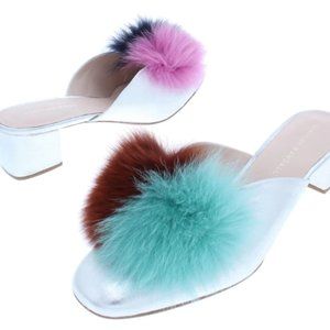 ISO - Loeffler Randall Lulu Fox Fur Pom Pom Block Heel Mule in Multi & Silver